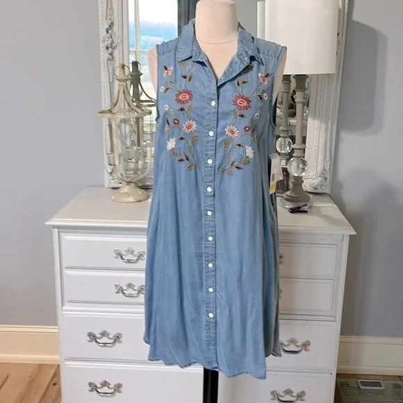 Terre Bleue Summer Embroider Midi Denim Look Dress Casual Lightweight Womens S - Picture 3 of 11